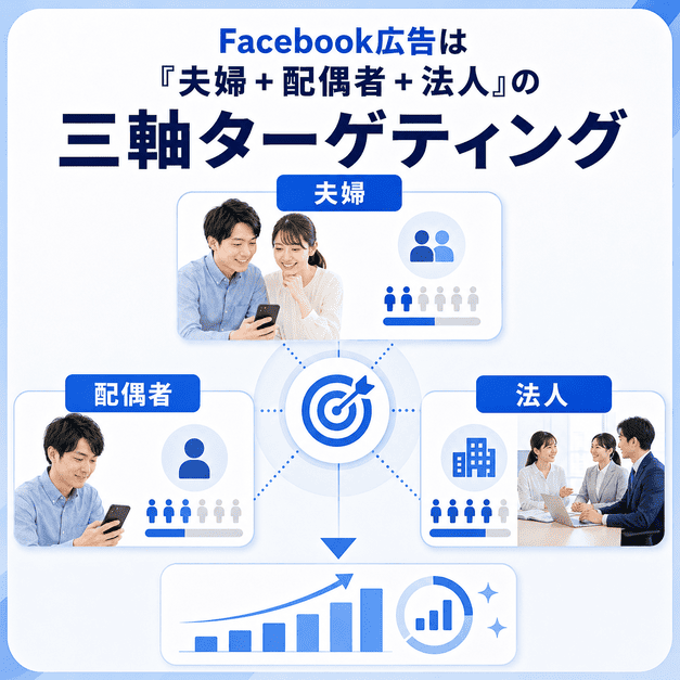 Facebook広告で夫婦・配偶者・法人の三軸にターゲティングして不妊治療クリニックの集患成果を高めるイラスト