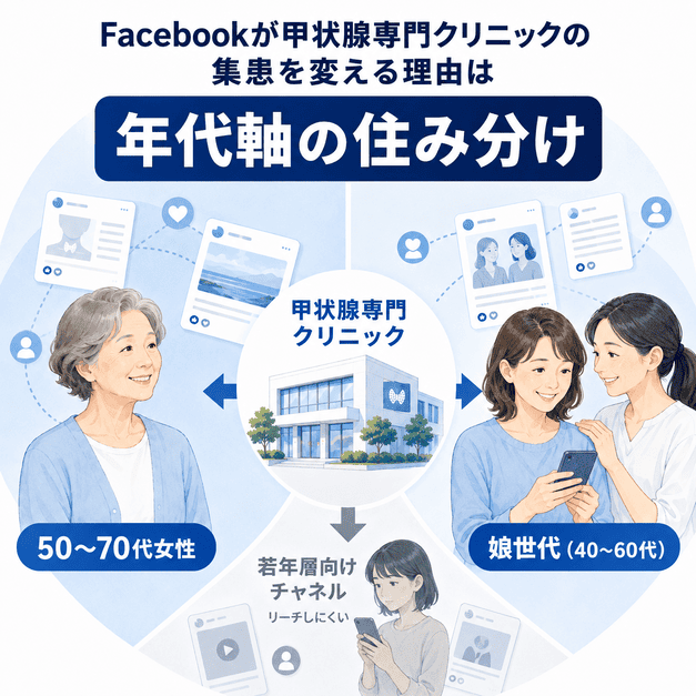 Facebookで50〜70代女性と娘世代に情報を届ける年代軸の住み分けを、甲状腺専門クリニックを中心に表したイラスト