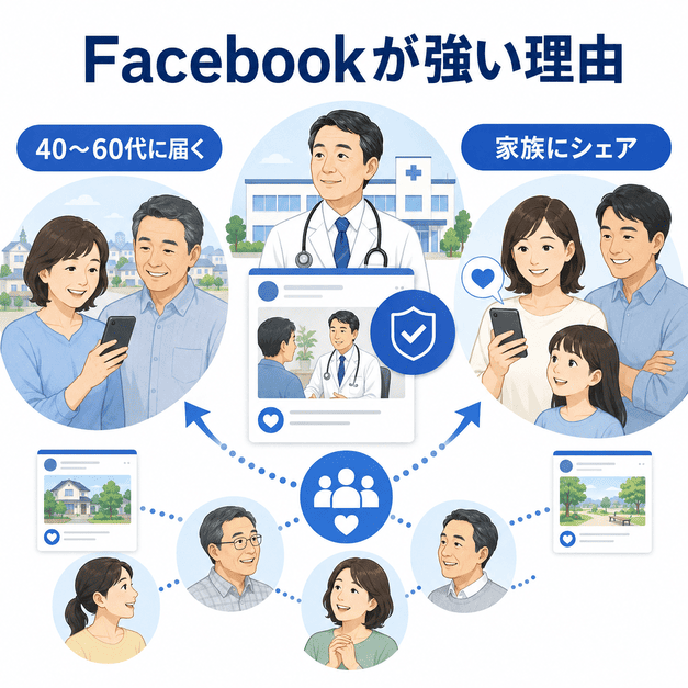 40〜60代の地域住民や家族に医療情報が届きやすいFacebook集患の強みを表したイラスト
