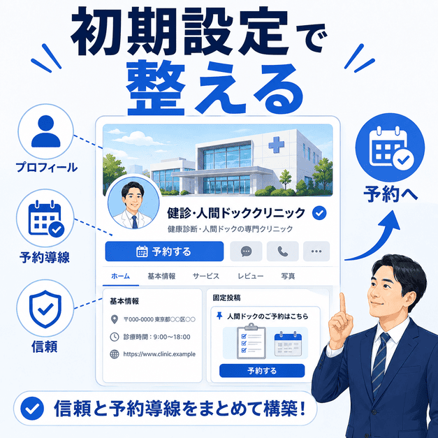 Facebookビジネスページのプロフィール設定や予約導線を整えて信頼を高めるイメージ