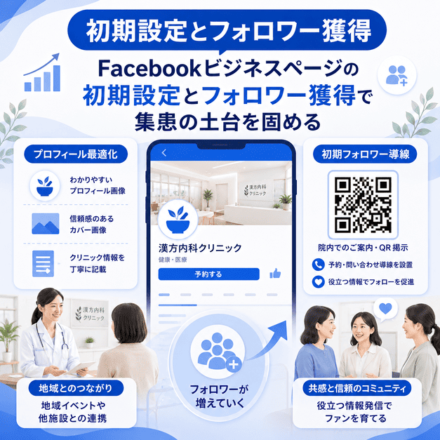漢方内科クリニックのFacebookビジネスページ初期設定とフォロワー獲得導線を、スマホ画面やQRコードで示したイラスト