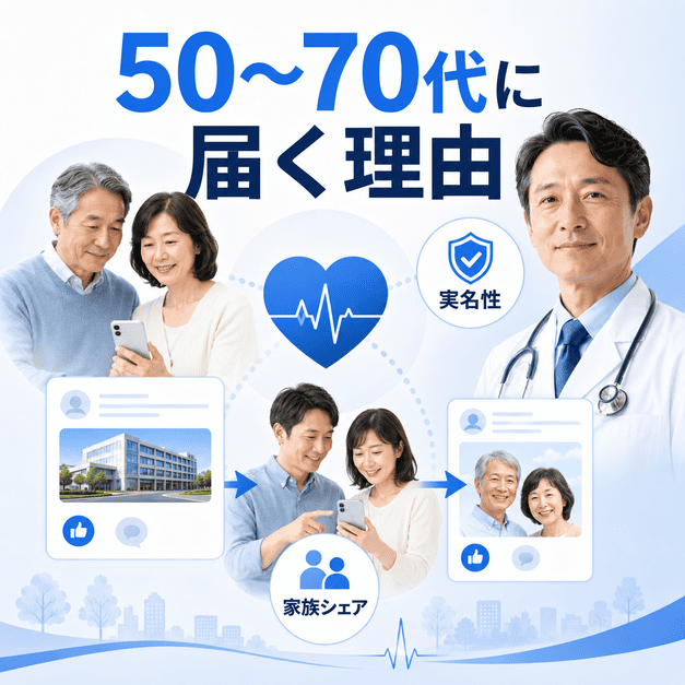 50〜70代の中高年層に循環器内科のFacebook投稿が届く理由を示す医師と夫婦のイメージ