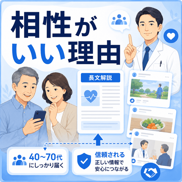 生活習慣病・禁煙外来クリニックとFacebook集患の相性がよい理由を、医師と中高年患者、長文解説投稿で示したイラスト