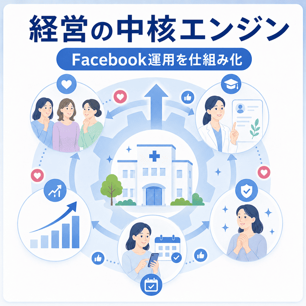 Facebook運用をレディースクリニック経営の中核エンジンとして仕組み化する全体像を示したまとめ用イラスト