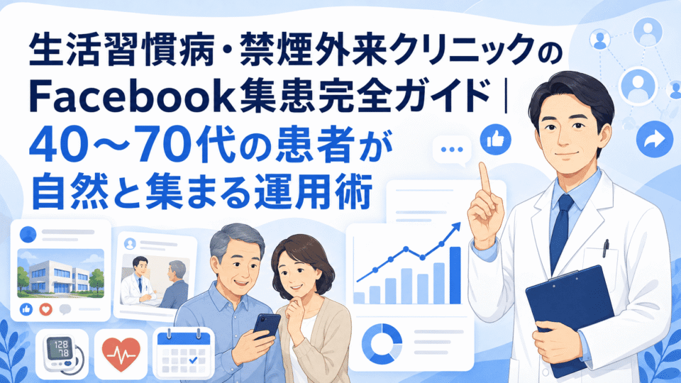 生活習慣病・禁煙外来クリニックのFacebook集患を、医師と40〜70代患者、SNS投稿、分析グラフで表したイメージ