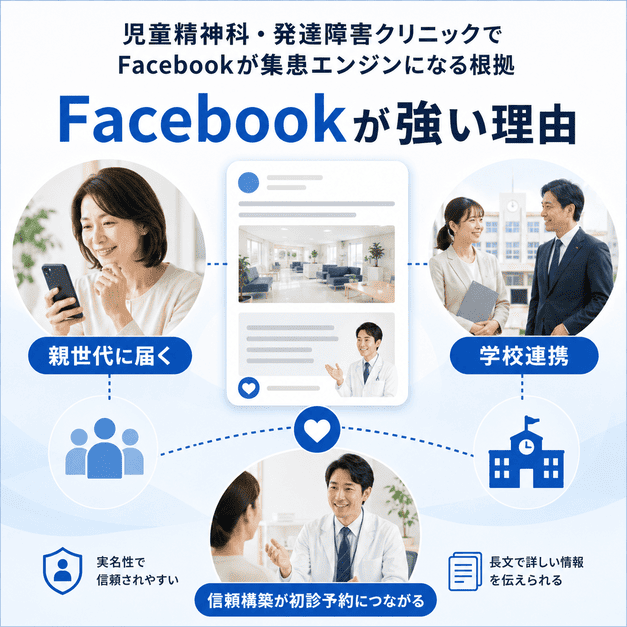 Facebookが40〜50代の親世代や学校関係者に届き、児童精神科クリニックの集患エンジンになる理由を示す図解