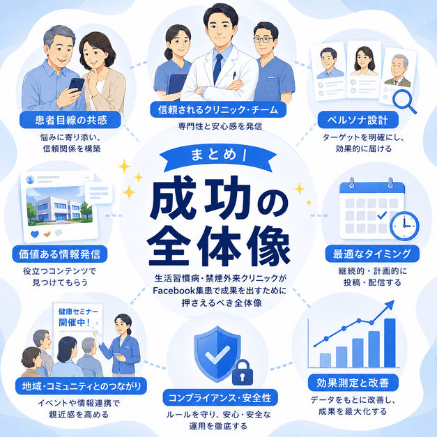 生活習慣病・禁煙外来クリニックがFacebook集患で成果を出すための全体像をまとめたイラスト