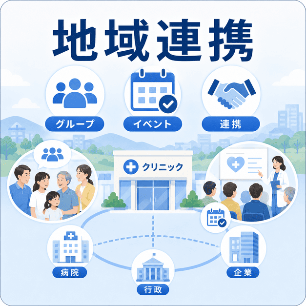 Facebookグループやイベント機能を活用し、地域・病院・行政・企業との連携で信頼基盤を築くイラスト