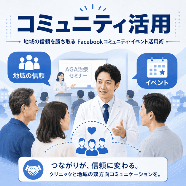 AGA治療セミナーや地域コミュニティを通じて、クリニックと地域住民の信頼関係を築く様子を表したイラスト