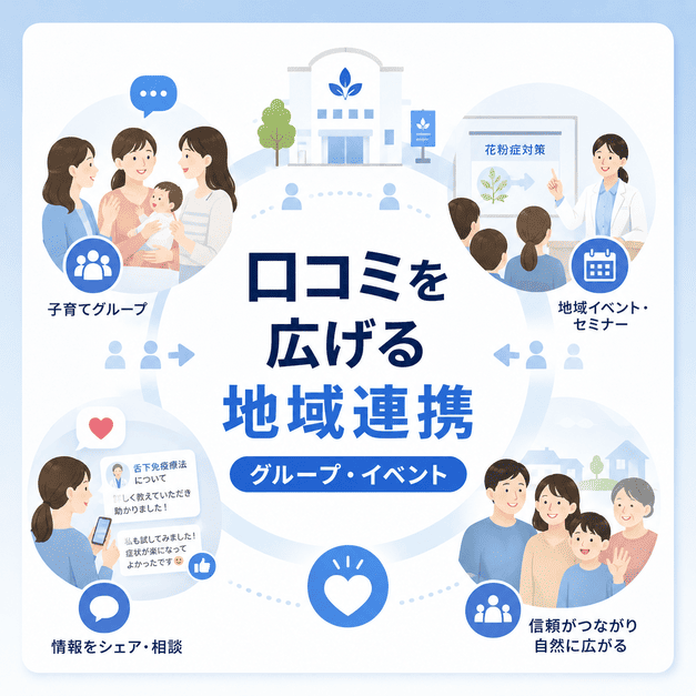 Facebookグループやイベント、地域連携を通じてアレルギー科クリニックの口コミが自然に広がる様子を示すイラスト