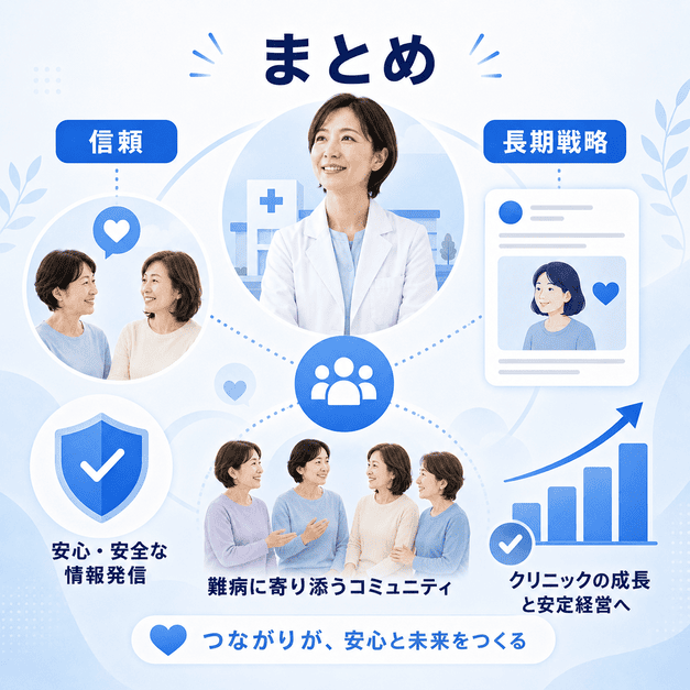 信頼、難病コミュニティ支援、情報発信、クリニック成長をまとめたFacebook運用戦略の総括イラスト