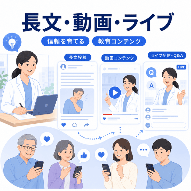 長文投稿・動画・ライブ配信で慢性痛患者の信頼を育てるペインクリニックの情報発信を表したイラスト