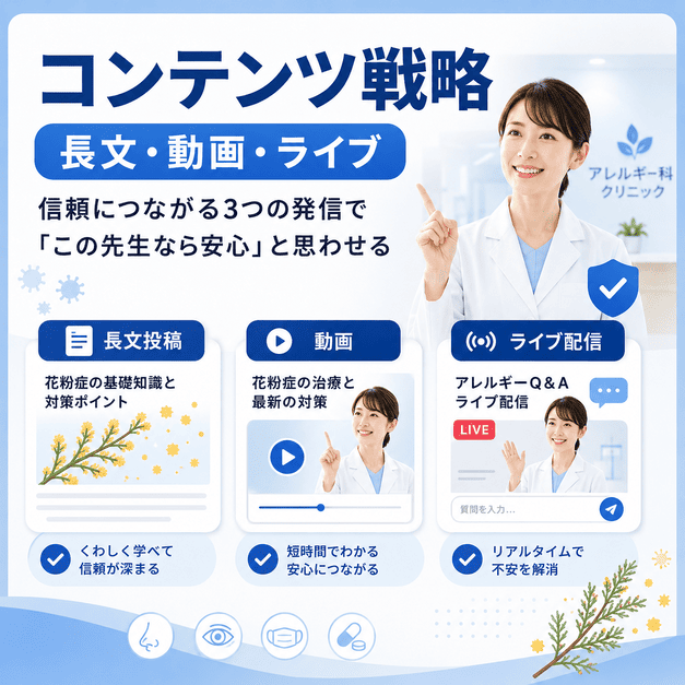 長文投稿、動画、ライブ配信を活用してアレルギー科クリニックへの信頼を高めるコンテンツ戦略のイラスト