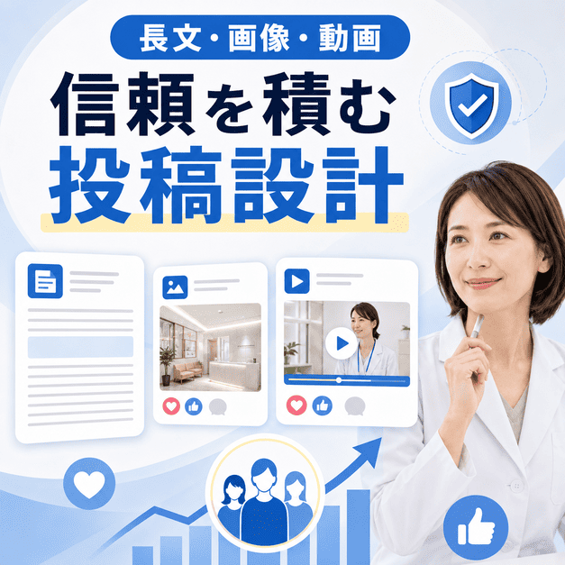 長文投稿・画像・動画を組み合わせて美容皮膚科の信頼を積み上げる投稿設計のイラスト