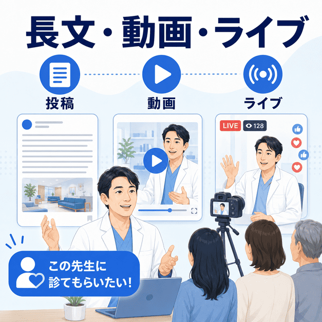 長文投稿・動画・ライブ配信で医師への信頼感を高めるFacebook運用のイメージ