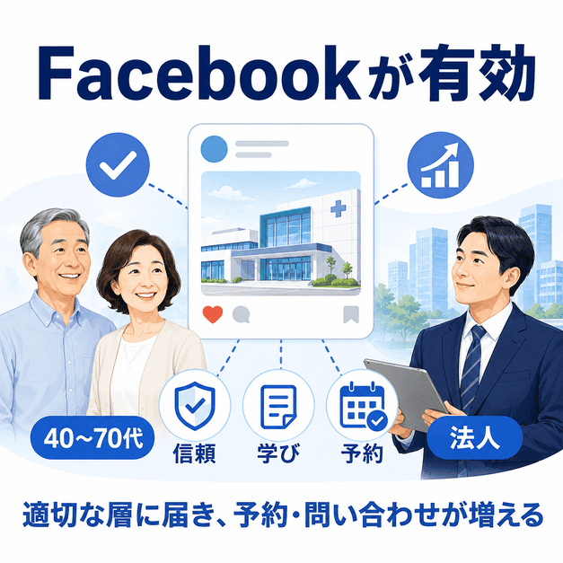 健診・人間ドッククリニックのFacebook集患が40〜70代と法人に届きやすい理由を示した図解