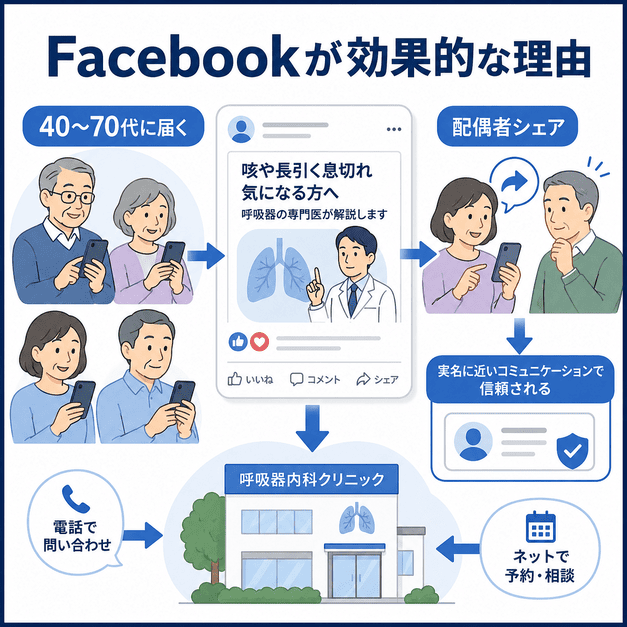 呼吸器内科でFacebookが中高年患者や配偶者に届きやすい理由を、SNS投稿と受診導線で示したイラスト