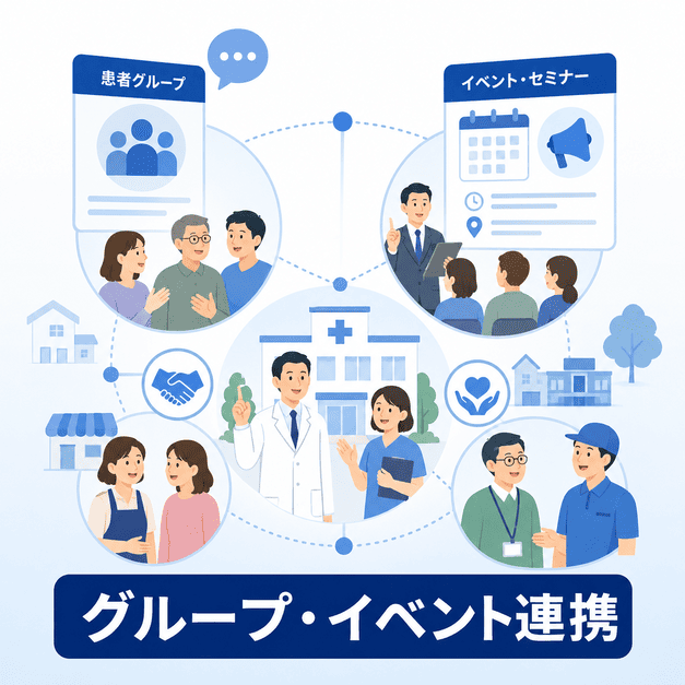 患者グループ、市民公開講座、地域連携、クリニックをつなぐFacebookグループ・イベント活用のイラスト