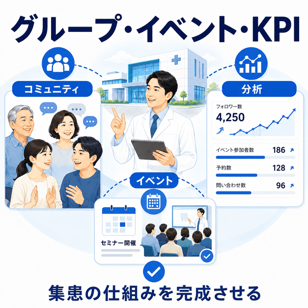 Facebookグループやイベント機能とKPI分析で集患の仕組みを完成させる図解