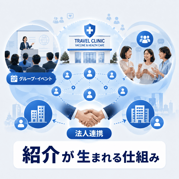 Facebookグループやイベント機能、法人連携によって紹介が自然に生まれる仕組みを示した図解