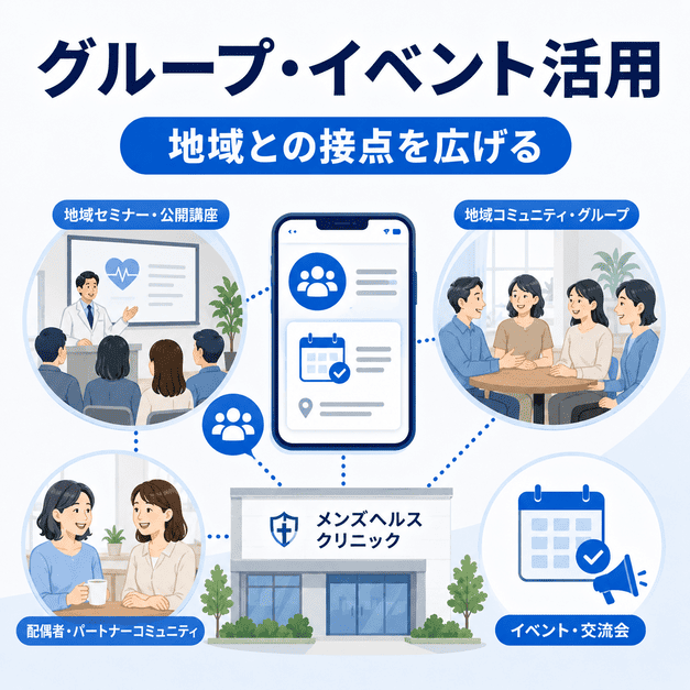 Facebookグループやイベント機能を活用し、地域コミュニティやセミナー参加者との接点を広げるイラスト