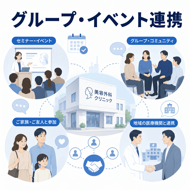 美容外科クリニックがセミナー、グループ、家族参加、地域医療連携で集患基盤を広げる様子を示したイラスト