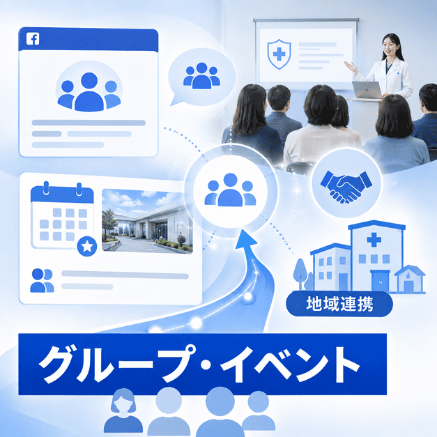 Facebookグループやイベント機能、地域連携で医療脱毛クリニックの集患導線を広げるイラスト
