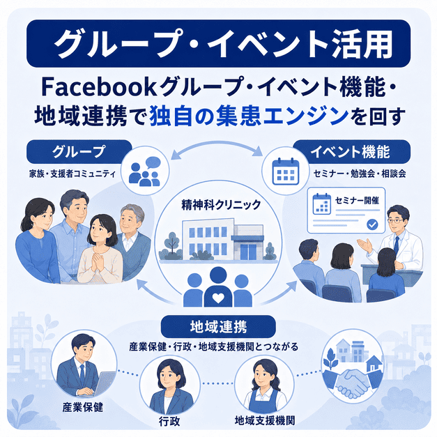 Facebookグループやイベント機能と地域連携を活用して精神科クリニックの集患につなげるイラスト