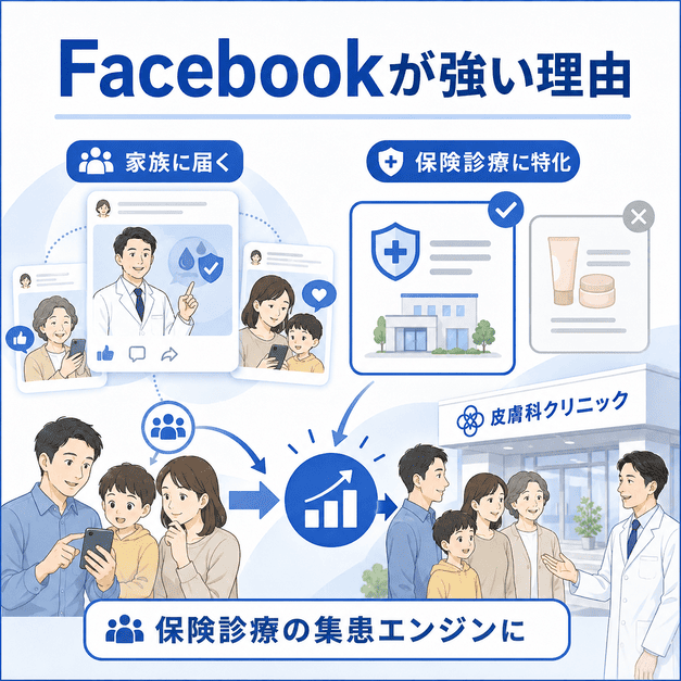 Facebookが家族層に保険診療の皮膚科情報を届け、新患獲得につながる仕組みを示したイラスト