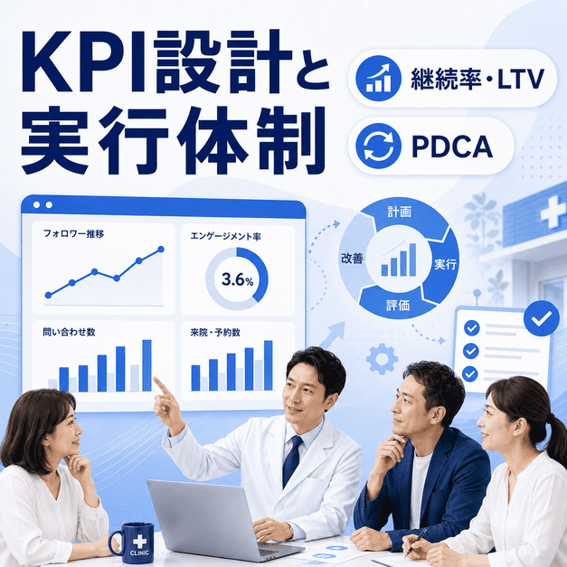 AGA・薄毛治療クリニックのFacebook運用を、KPI管理・継続率・LTV・PDCAで改善する会議イラスト