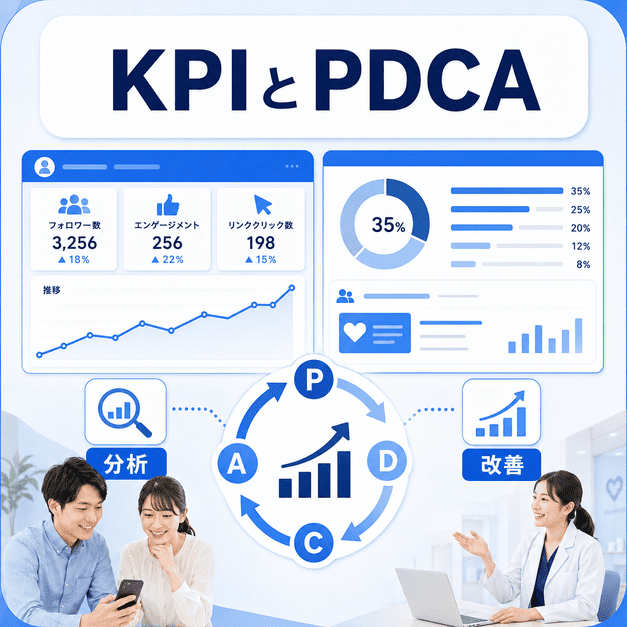 Facebook運用のKPIを分析しPDCAサイクルで改善して不妊治療クリニックの経営成果につなげるイラスト