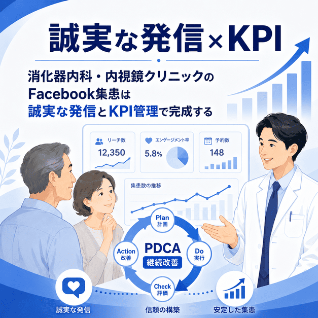 消化器内科・内視鏡クリニックのFacebook集患を、誠実な発信、KPI管理、PDCA、安定した集患の流れでまとめたイラスト