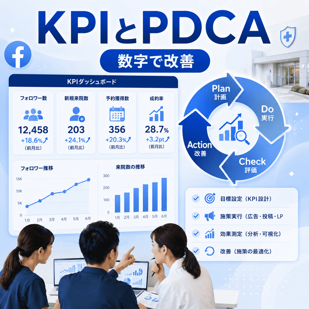 医療脱毛クリニックのFacebook集患をKPIとPDCAで改善するダッシュボードのイラスト