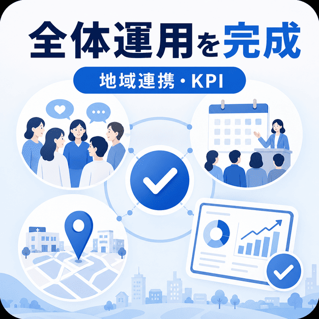 Facebookグループ・イベント・地域連携・KPI設計で美容皮膚科集患の全体運用を完成させるイラスト