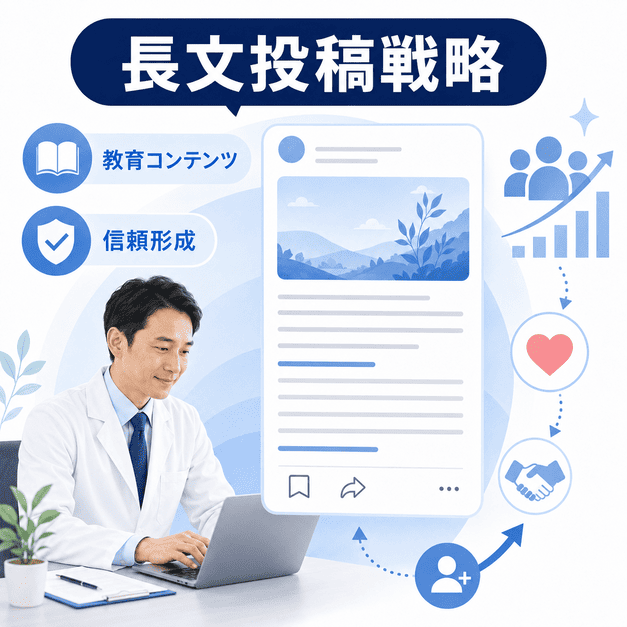 医師が長文投稿を作成し、教育コンテンツと信頼形成につなげる様子を表した図解