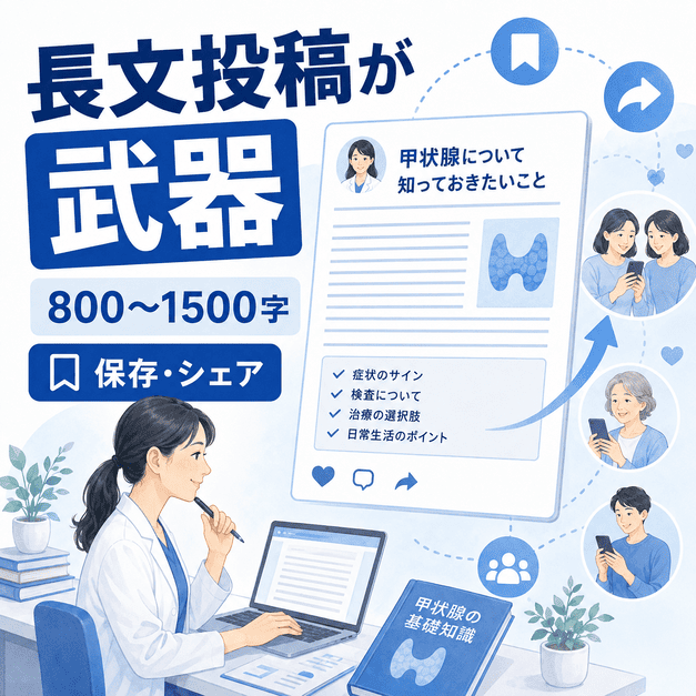 甲状腺に関する長文投稿を医師が作成し、保存やシェアによって読者に広がる様子を表したイラスト