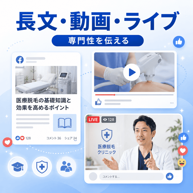 長文投稿・動画・Facebookライブで医療脱毛の専門性を伝えるコンテンツ設計のイラスト