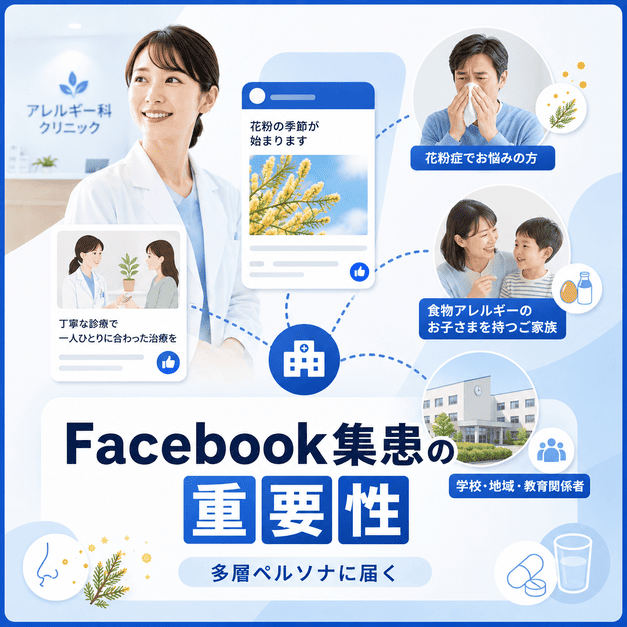 アレルギー科クリニックがFacebookで花粉症患者や食物アレルギーの保護者など多層ペルソナに情報発信する重要性を示すイラスト