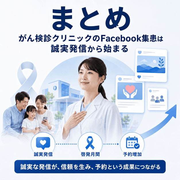 がん検診クリニックのFacebook集患は誠実発信から始まり、啓発月間と予約増加につながることをまとめたイラスト