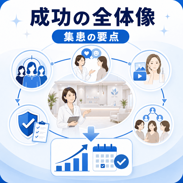 美容皮膚科のFacebook集患を成功に導く全体像と重要ポイントをまとめたイラスト
