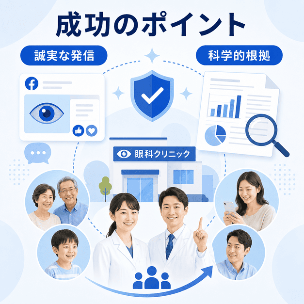 眼科Facebook集患で成功するために、誠実な情報発信と科学的根拠を重視するポイントをまとめた画像