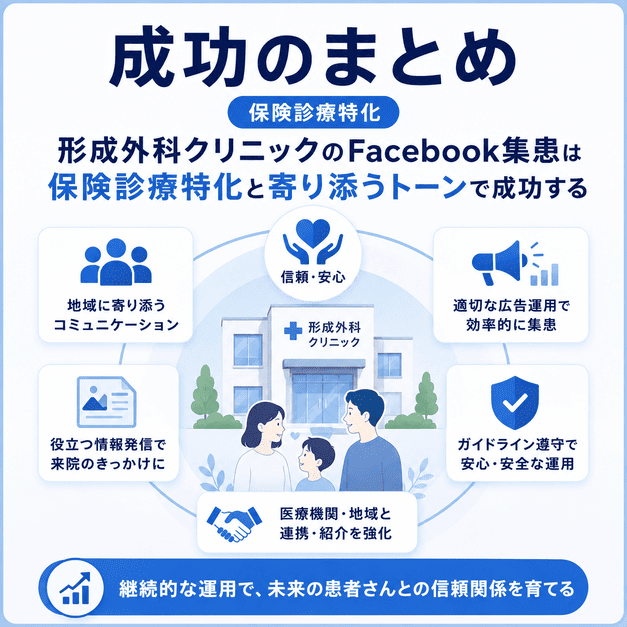 保険診療特化と寄り添う情報発信で形成外科クリニックのFacebook集患を成功に導くまとめイメージ