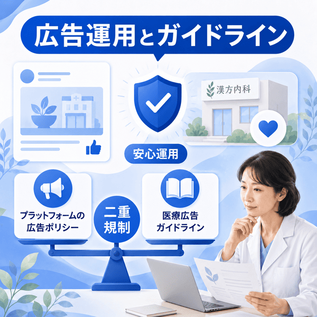 漢方内科のFacebook広告運用で守るべきMeta広告ポリシーと医療広告ガイドラインの二重規制を示したイラスト