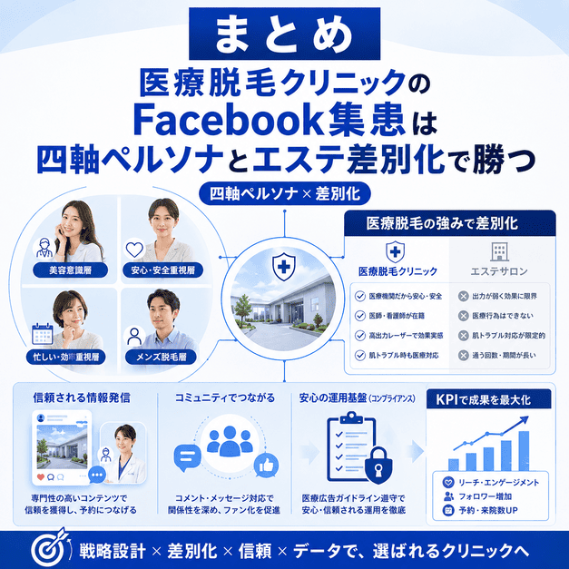 四軸ペルソナとエステ脱毛との差別化で医療脱毛クリニックのFacebook集患を成功させるまとめイラスト
