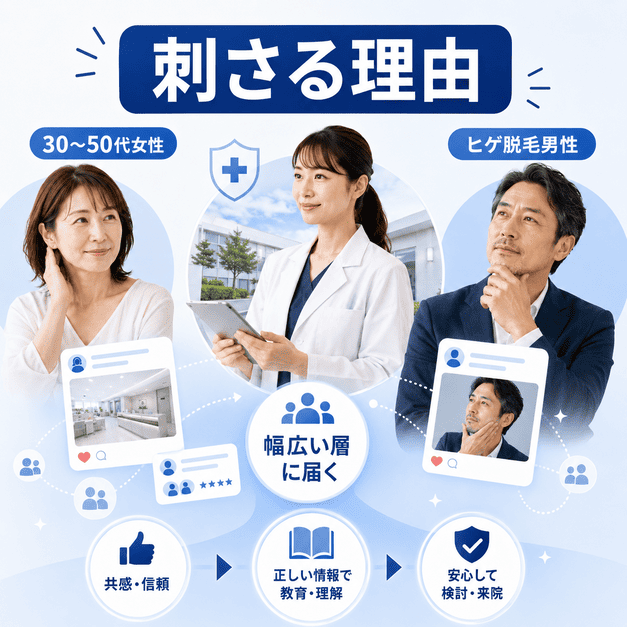 医療脱毛クリニックのFacebook集患が30〜50代女性とヒゲ脱毛男性に届く理由を示すイラスト