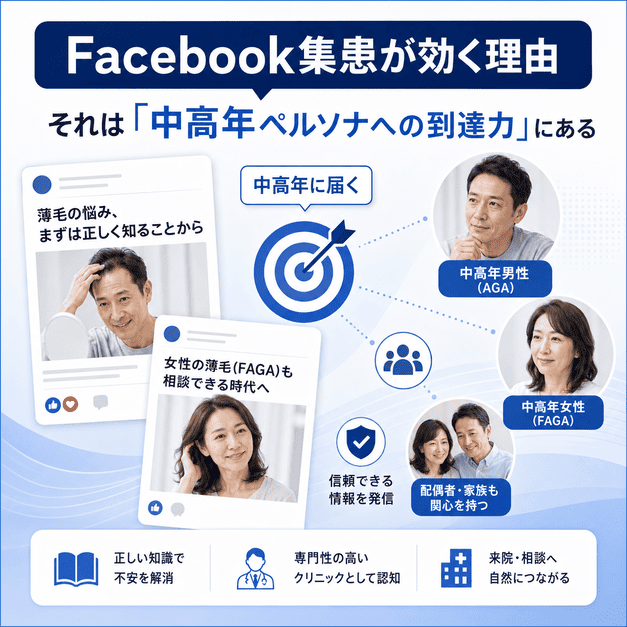 Facebook集患が中高年男性のAGA層やFAGA女性、配偶者層に届く理由をSNSカードとターゲット図で示したイラスト