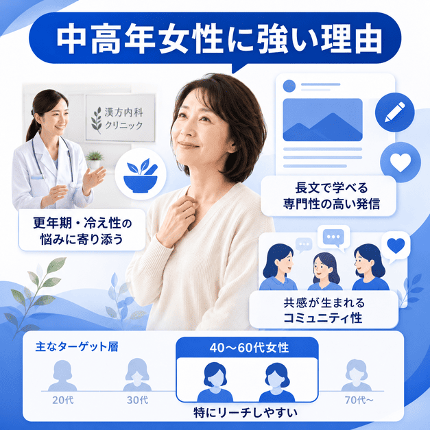 Facebookが40〜60代女性の更年期や冷え性の悩みに届きやすい理由を、女性ペルソナとSNSコミュニティで示したイラスト