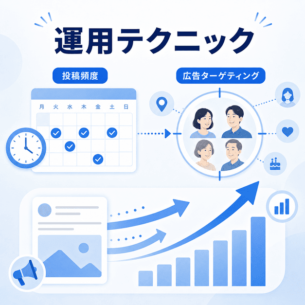 投稿頻度、配信タイミング、広告ターゲティングを最適化して集患成果を高める運用テクニックの図解