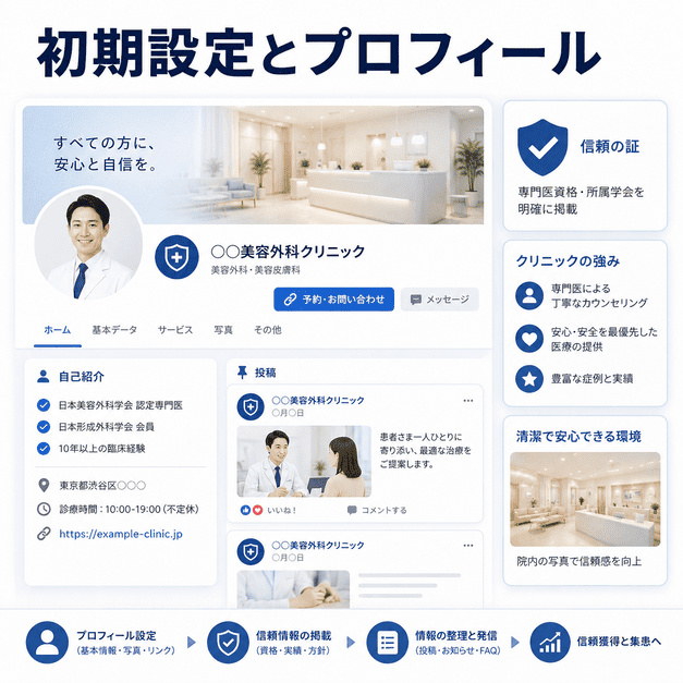 美容外科クリニックのFacebookページ初期設定とプロフィール整備で専門性や信頼感を伝える画面風イラスト
