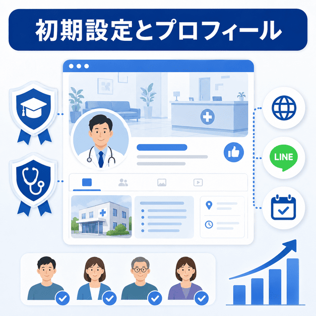 糖尿病・内分泌内科クリニックのFacebookページ初期設定、プロフィール、専門医資格、予約導線を整理したイラスト